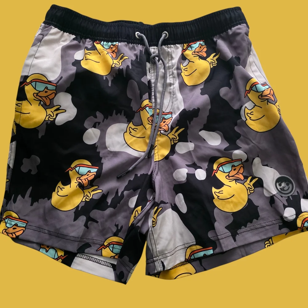 Neff Yellow Duck Print Board Shorts - Black and Gray Size L